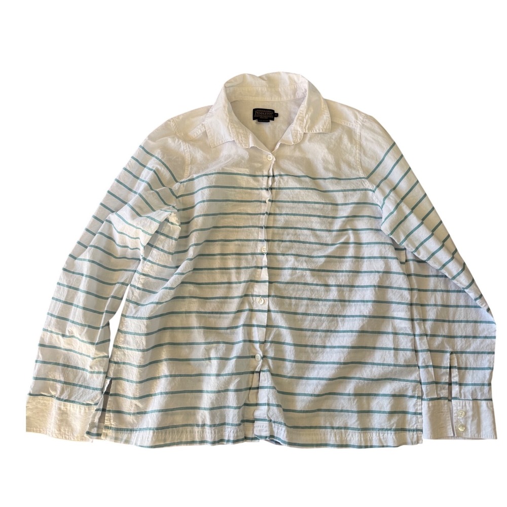 Pendleton Womens XL Long Sleeve Button Up Shirt White Blue Stripe Casual